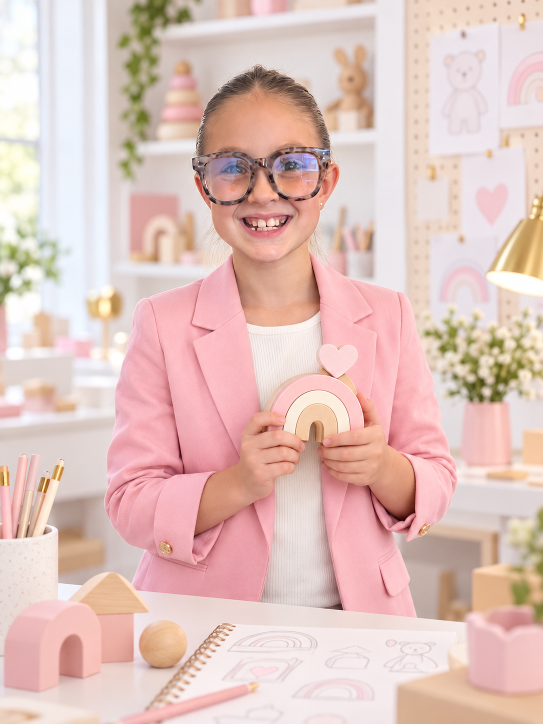 Isla smiling in a bright toy design studio while holding a pastel toy prototype